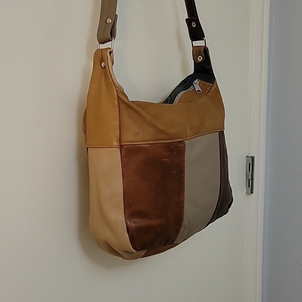 True Vintage 1970s Mexican Leather Colorblock Patchwork Hobo Shoulder Bag - Picture 7 of 12